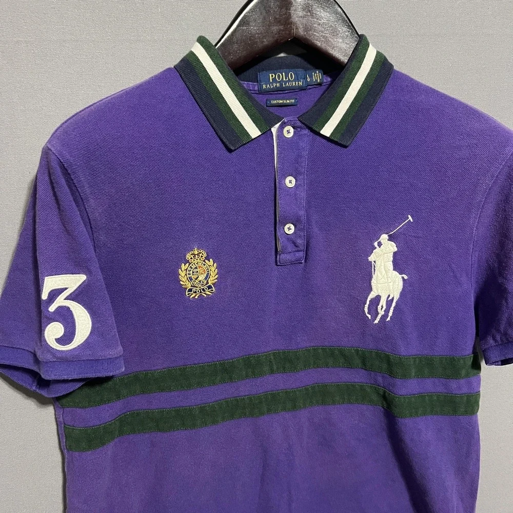 Polo Ralph Lauren Polo Shirt Mens L Purple Custom Slim Fit Big Pony 3 Striped